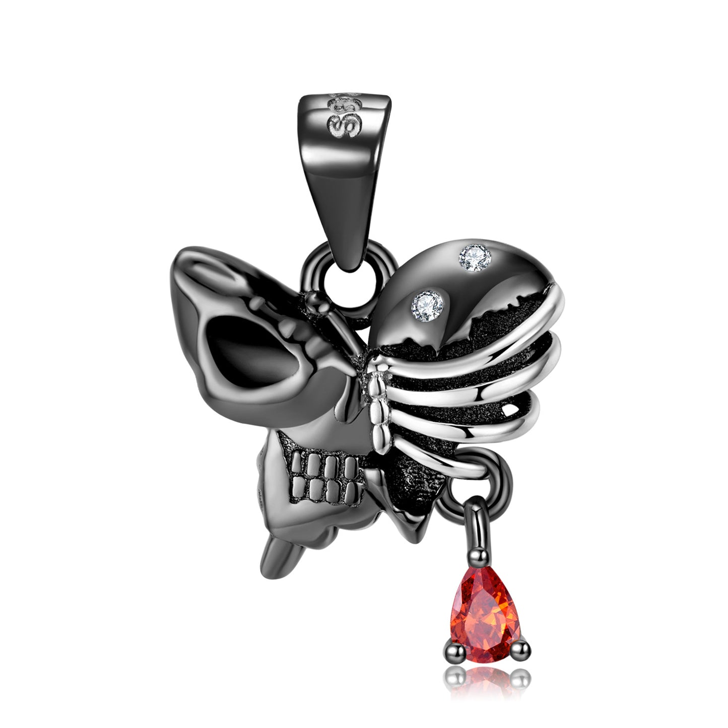 Halloween Butterfly Skull Skeleton with Pear Shape Red Zircon Silver Necklace