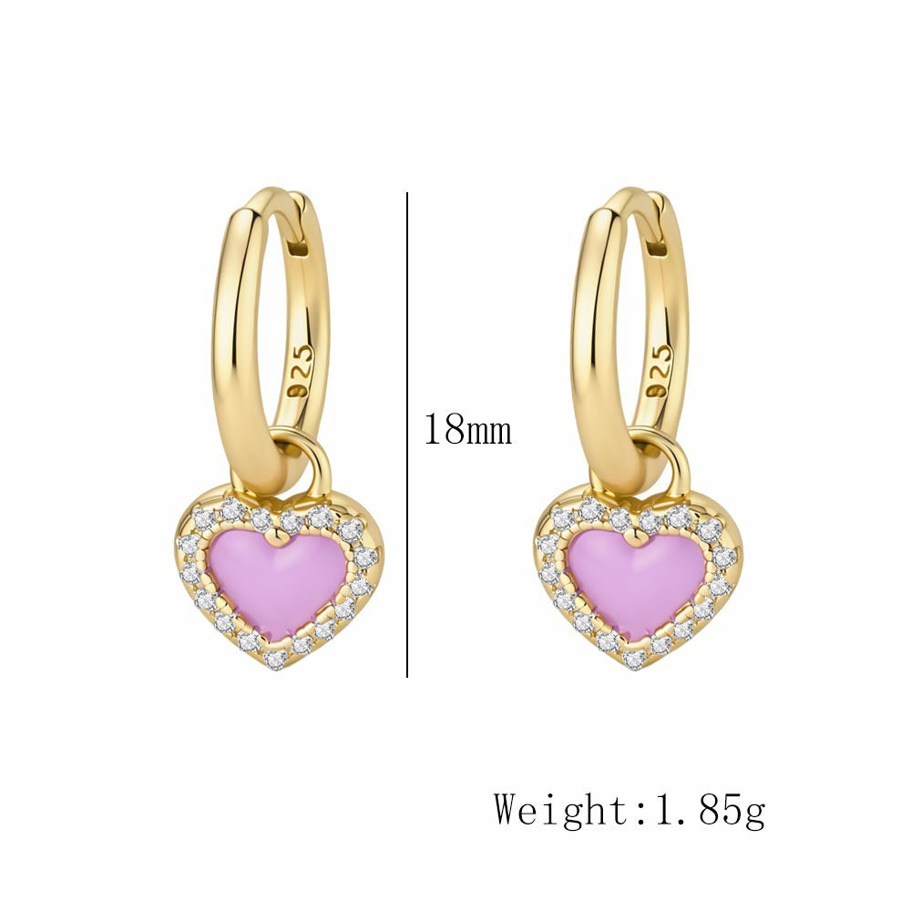 Small Personalized Zircon Earrings Jewelry 925 Sterling Silver Pink Oil Drop Heart Earrings