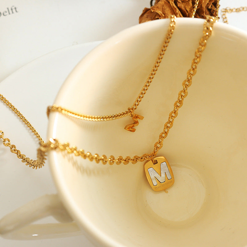 Layered Korean Internet Celebrity Titanium Steel Necklace with White Seashell Pendant