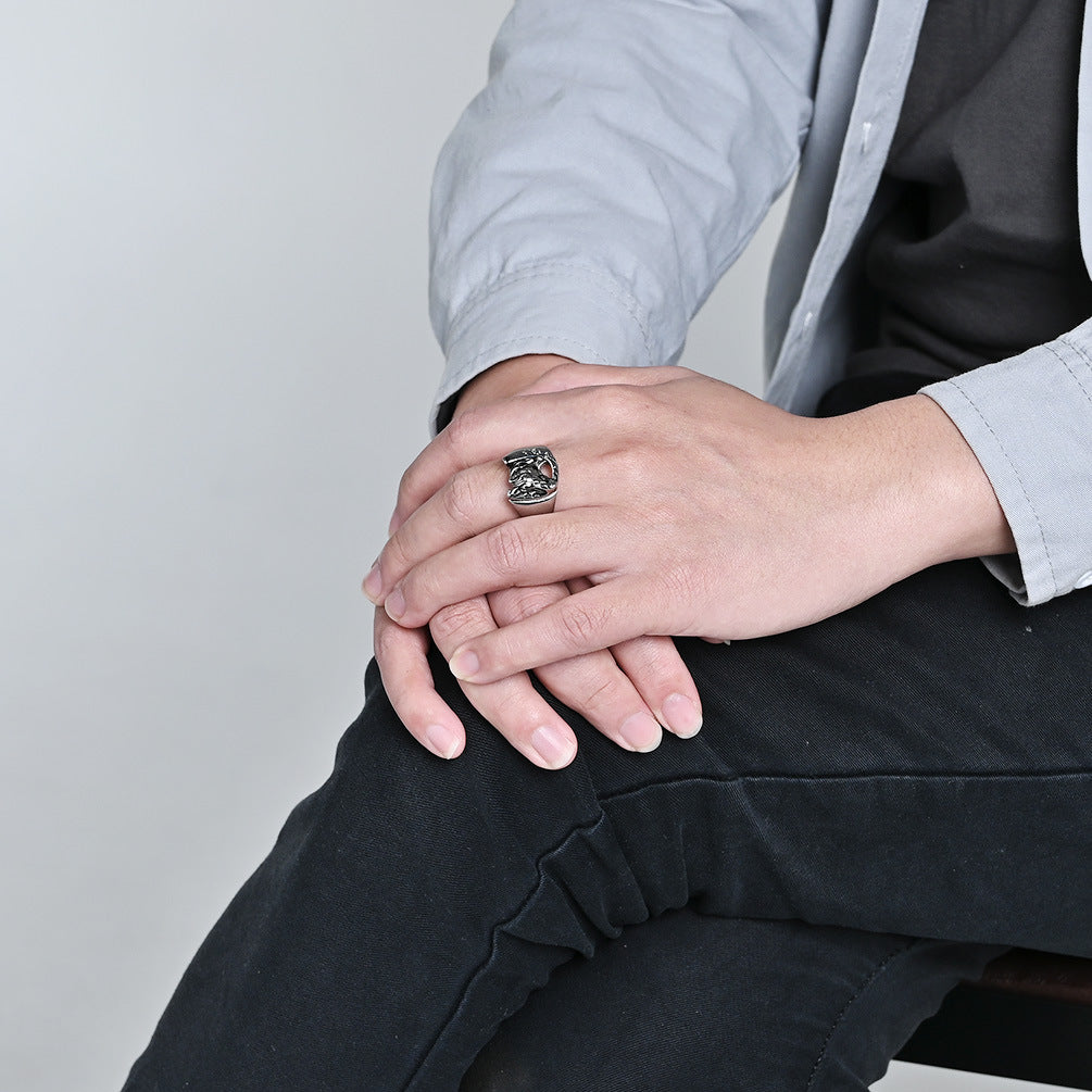 Planderful Personalized Retro Horse Head Titanium Steel Ring For Hip Hop And Hipster Style
