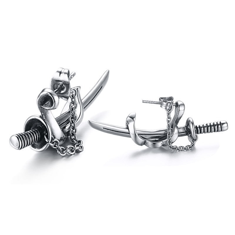 Industrial Nail & Chain Stud Earrings — Silver Pair
