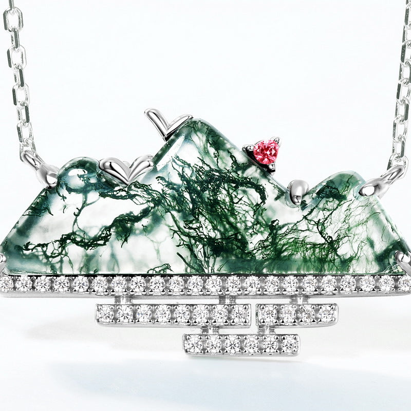 Planderful Jewelry Moss Agate Necklace in Sterling Silver S925 Mountain Clavicle Chain