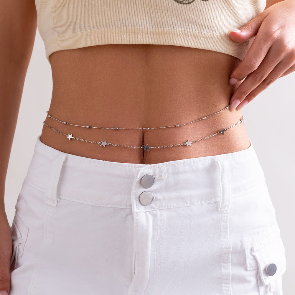 Resort Style Austrian Inspired Body Jewelry with Beaded Double-layer Chain and Metal Heart and Star Tassels