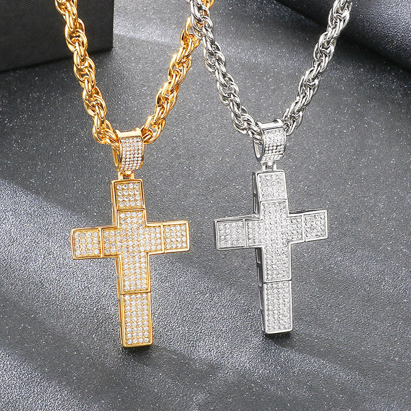 Twist Chain Hip Hop Inlaid With Zircon Double Cross Hollow Pendant Stainless Steel Necklace
