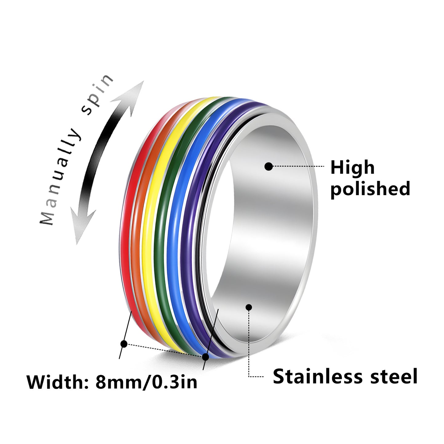 Planderful Rainbow Rotatable Ring Unisex Stainless Steel For Men And Women Size 6 To 13 Trendy Gift
