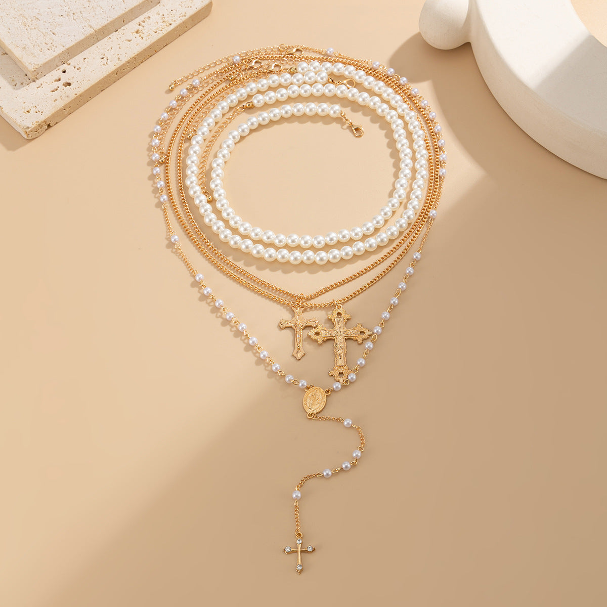 French Stacked Portrait Imitation Pearl Necklace Ethnic Exaggerated Cross Pendant