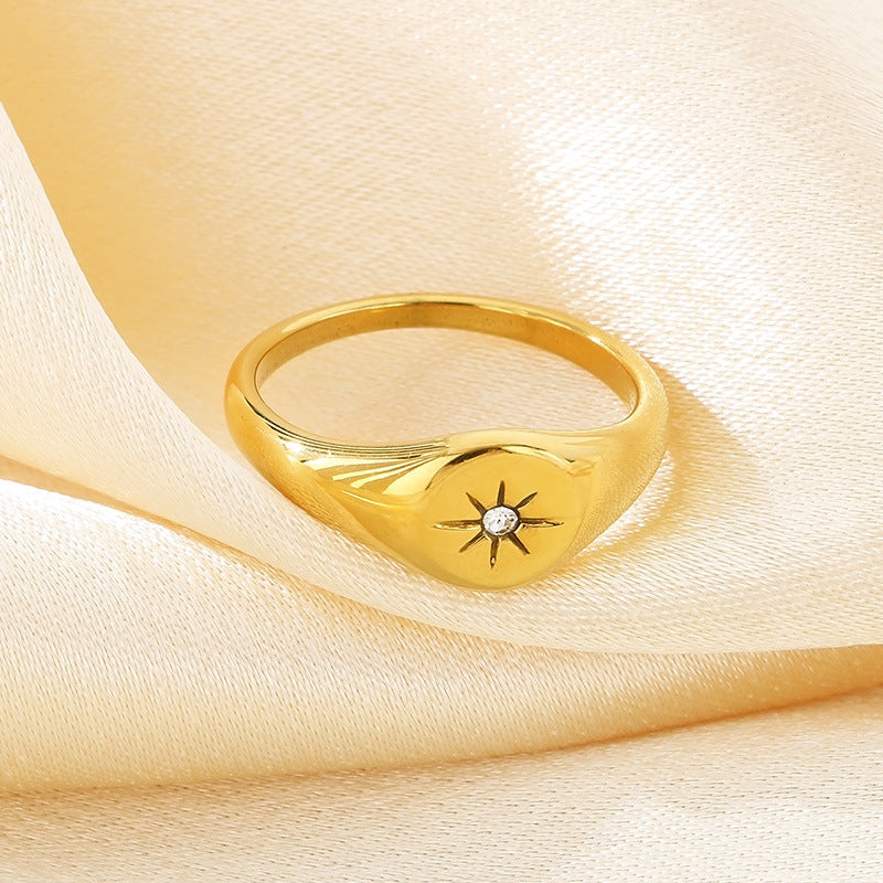 Minimalist Stylish Oval Glossy Zircon Octagram Ring Women's Stainless Steel 18k Gold-Plated Ring