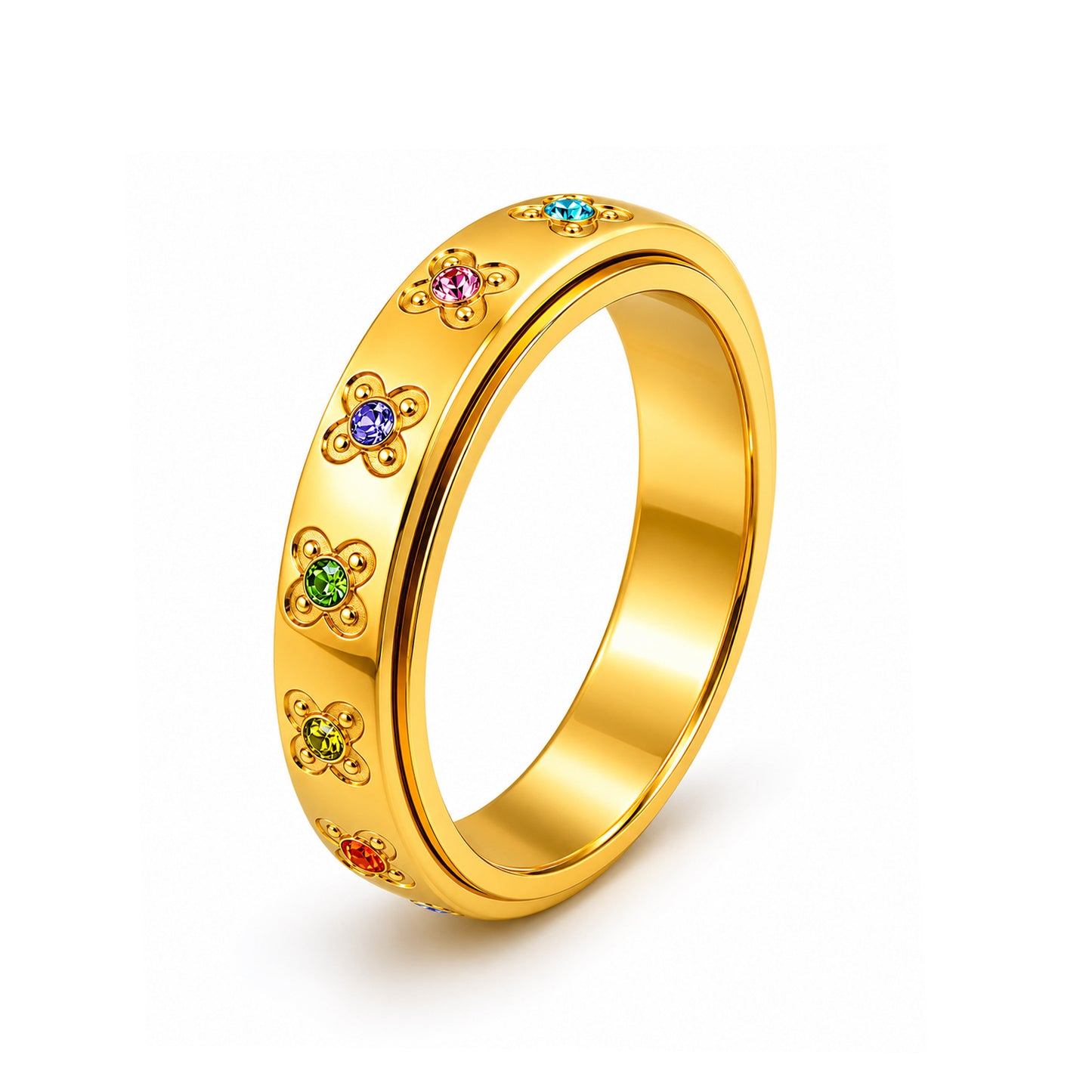 Planderful Rotatable Decompression Ring Stainless Steel Zircon Flower For Couples Unisex