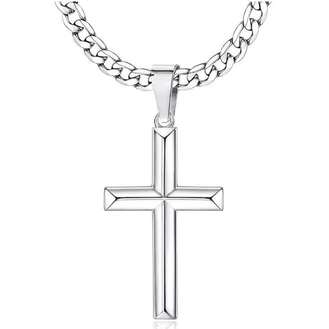1. Planderful Cross Pendant Necklace Stainless Steel Unisex Cuban Chain Gift For Him And Her