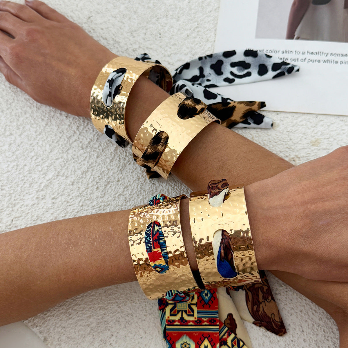 Planderful Collection Vienna Verve Bracelet For Women Hammer Pattern Wide Surface Opening Leopard Print Silk Scarf