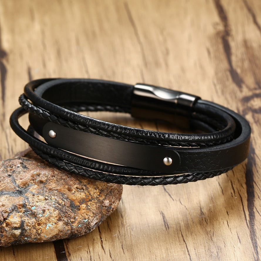 Stainless Steel Leather Bracelet 21CM Fashionable Men's Jewelry