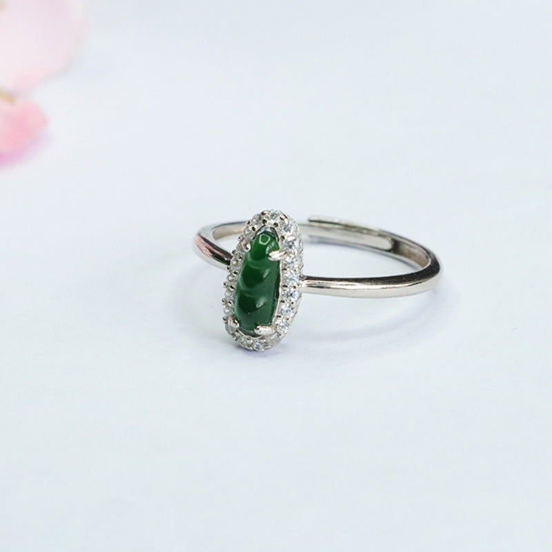 Icy Green Jadeite Bean 925 Silver Adjustable Ring