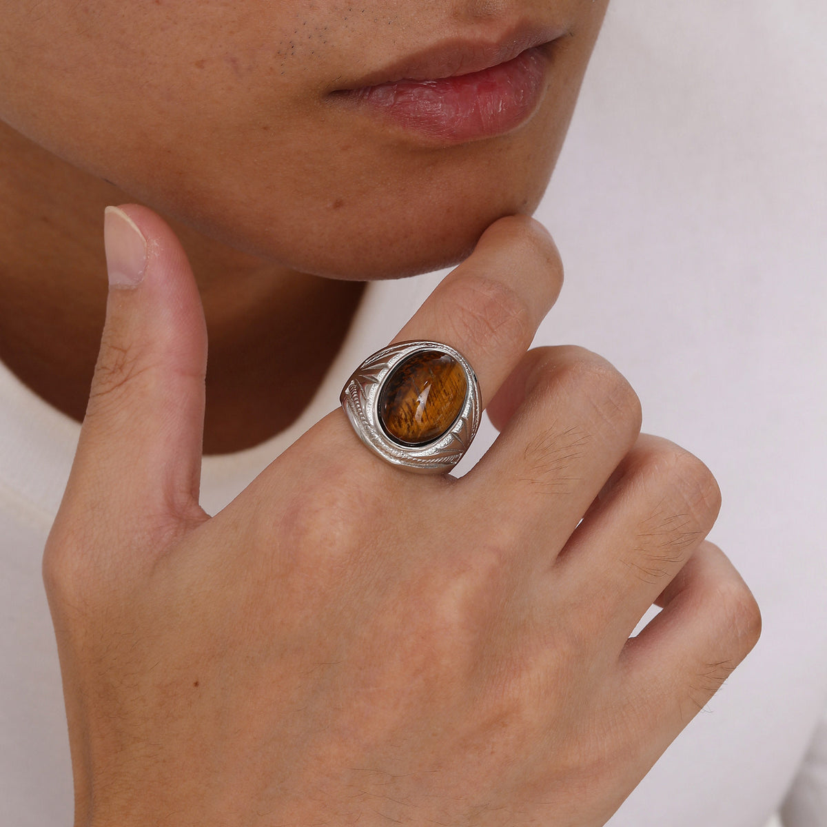Stainless Steel Natural Tiger's Eye Oval Ring Men's Steel Color