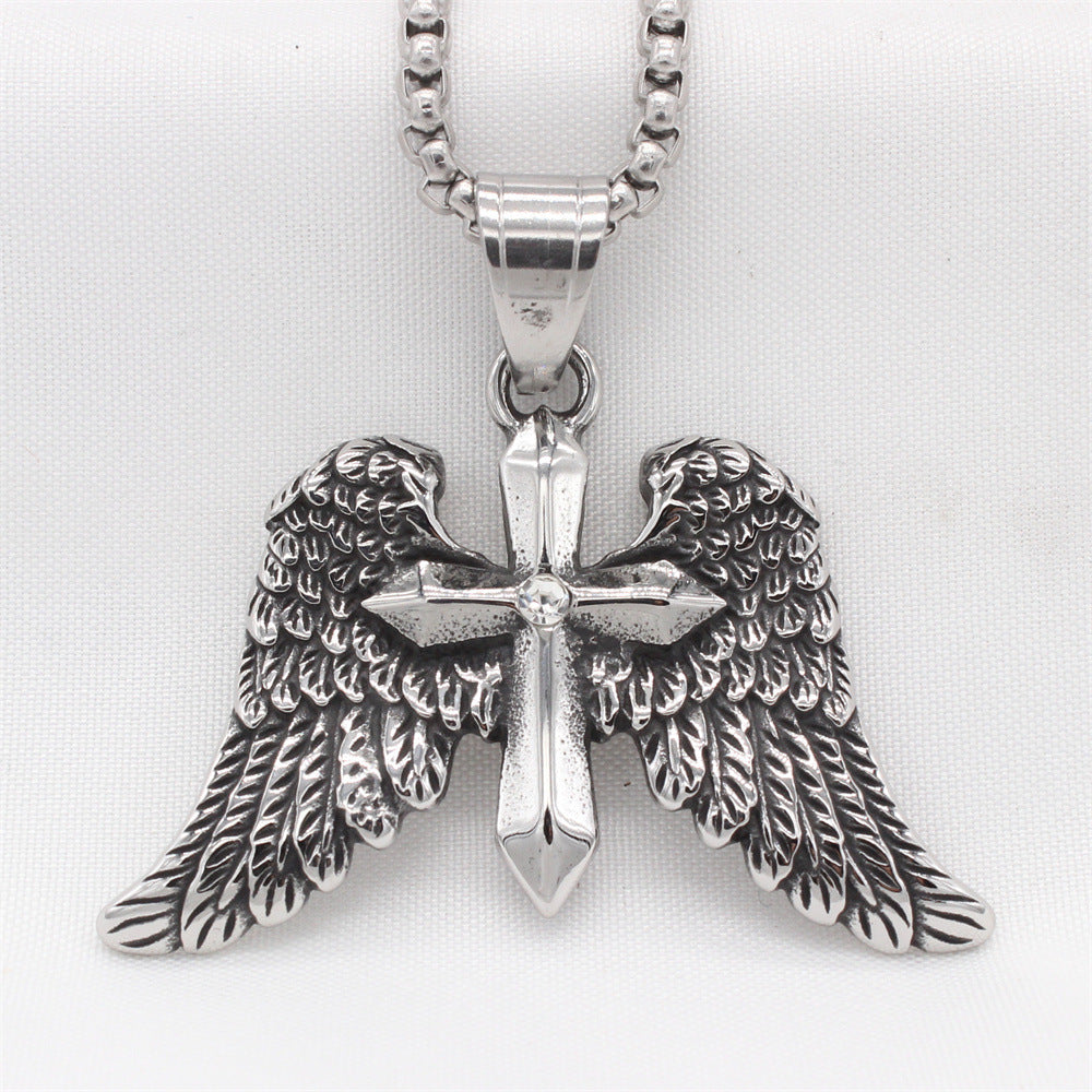 Planderful Everyday Genie – Retro Cross Wings Titanium Steel Pendant Necklace for Men