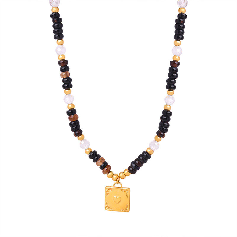 Handmade Black Agate and Tiger Eye Stone Pendant Necklace for Women