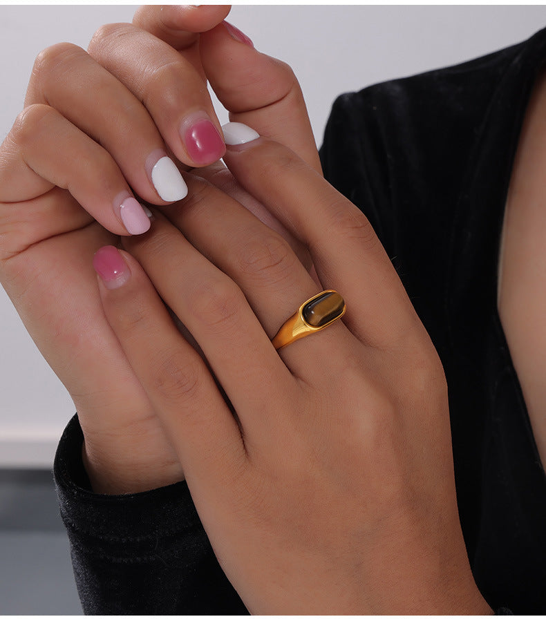 Tiger's Eye Geometric Titanium Steel Ring with Gold Plating