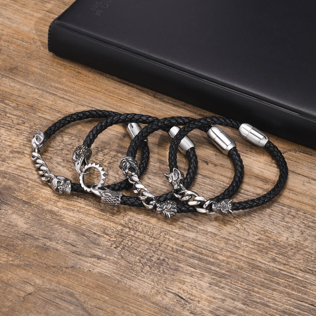 Stainless Steel Chain Microfiber Leather Layered Bracelet Men's Wolf Head Punk