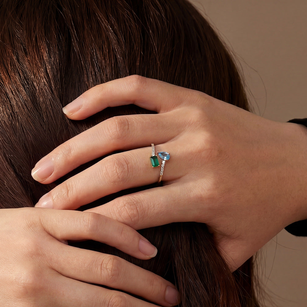 Design Colored Zircon Open Sterling Silver Ring Retro Geometric Ring