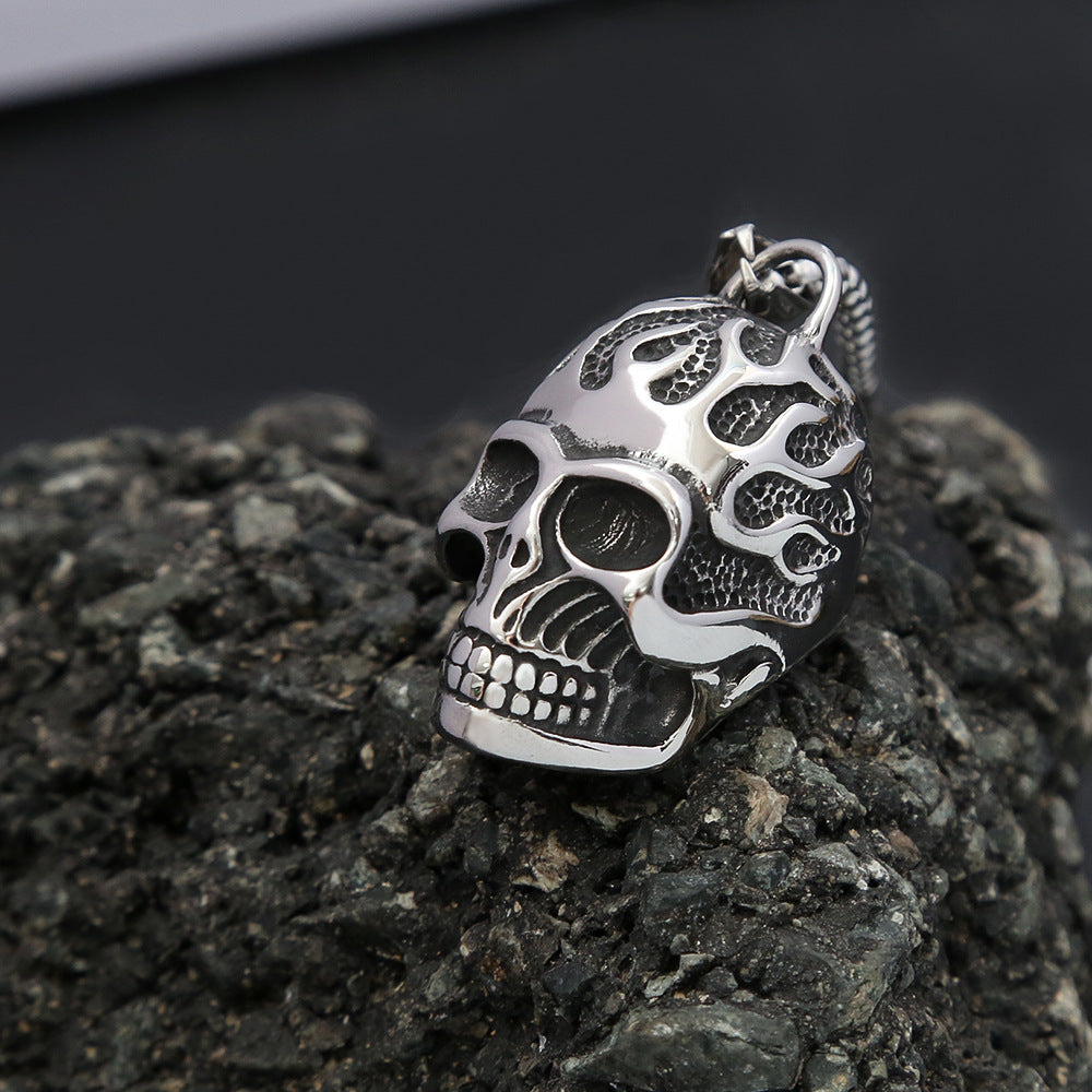 Foreign Trade Titanium Steel Flame Skull Necklace for Men