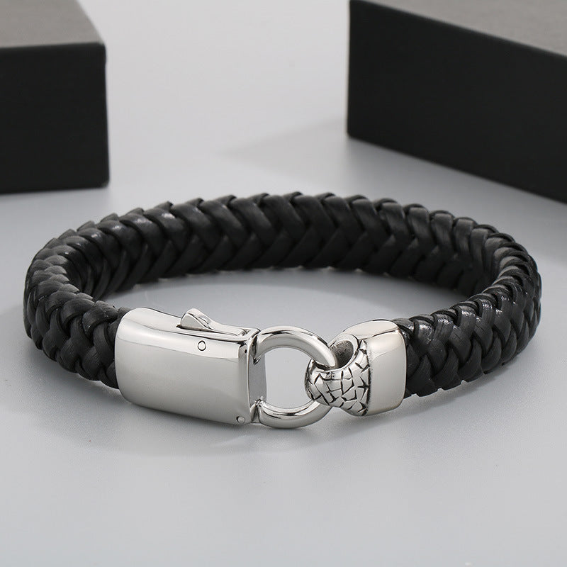 Stylish & Double-Layer Spliced Leather Bracelet – Vacuum Electroplated Spring Buckle