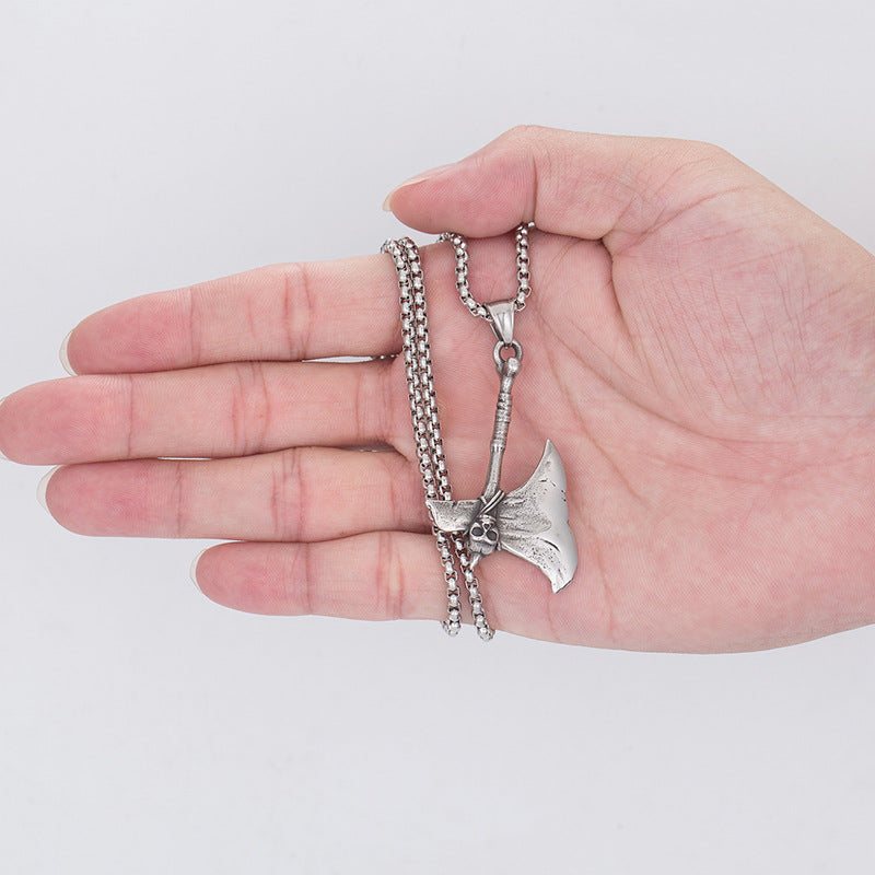 Stainless Steel Necklace - Vintage Viking Skull Tomahawk