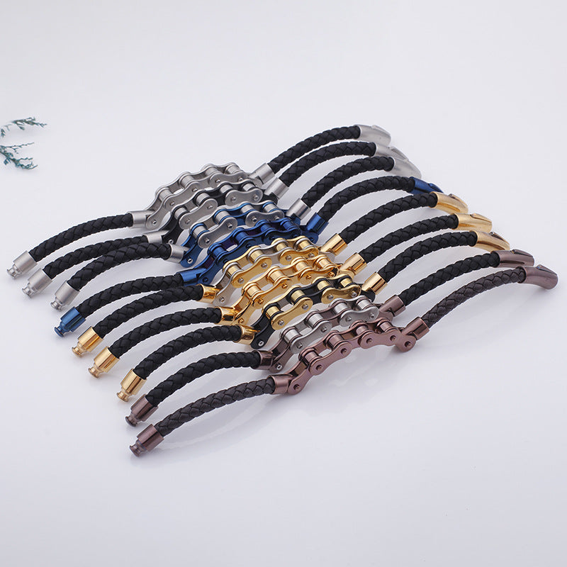 Cool Men's Stainless Steel Bicycle Chain Leather Bracelet – Locomotive Chain Cowhide