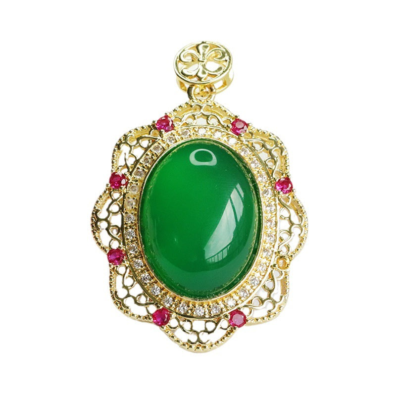 Green Chalcedony Zircon Flower Pendant with Oval Emperor Design