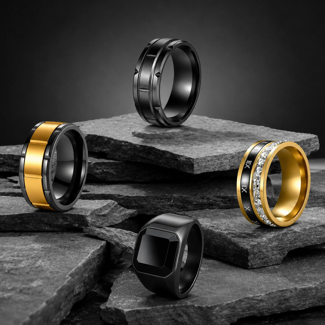 Planderful Everyday Genie Stainless Steel Gear Pattern Ring Versatile For Men And Unisex Zircon Inlaid Black Stone