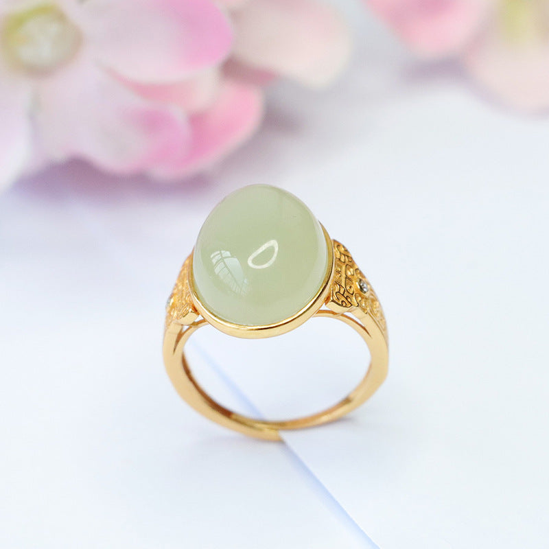 S925 Sterling Silver Adjustable Ring with Natural Hotan Jade Cloudscape Pattern