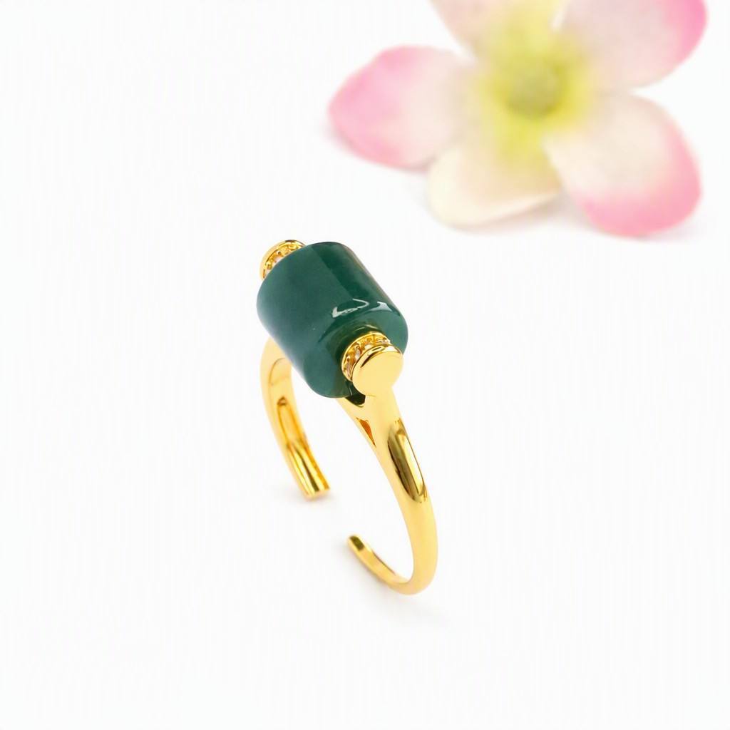 Blue-Water Jadeite Barrel Bead Ring