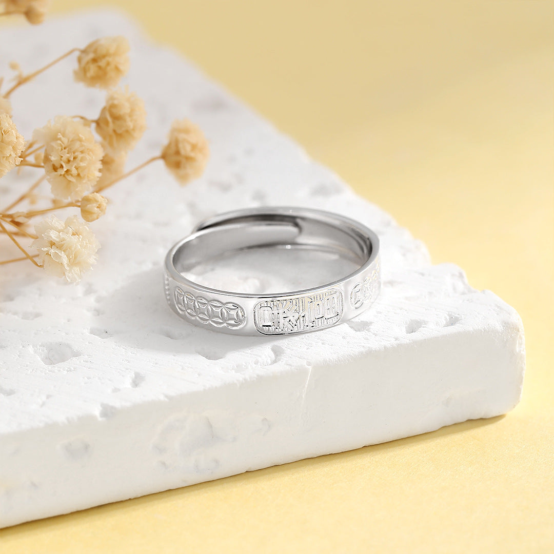 Planderful S925 Sterling Silver Coin Ring For Women Adjustable Opening Retro Chinese Style Jewelry