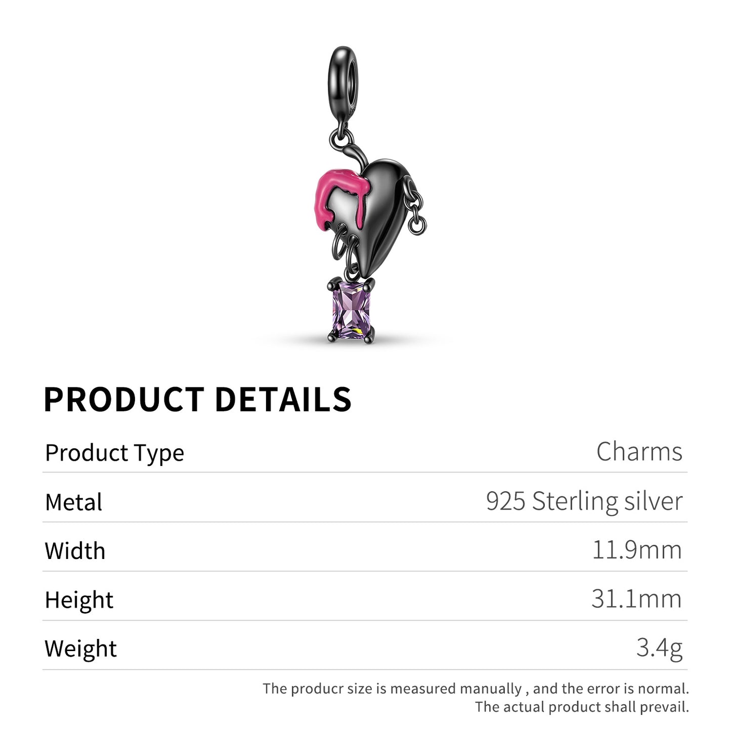 Planderful Jewelry Sterling Silver Zircon Pendant Heart Necklace Molten Drop Black Electroplated