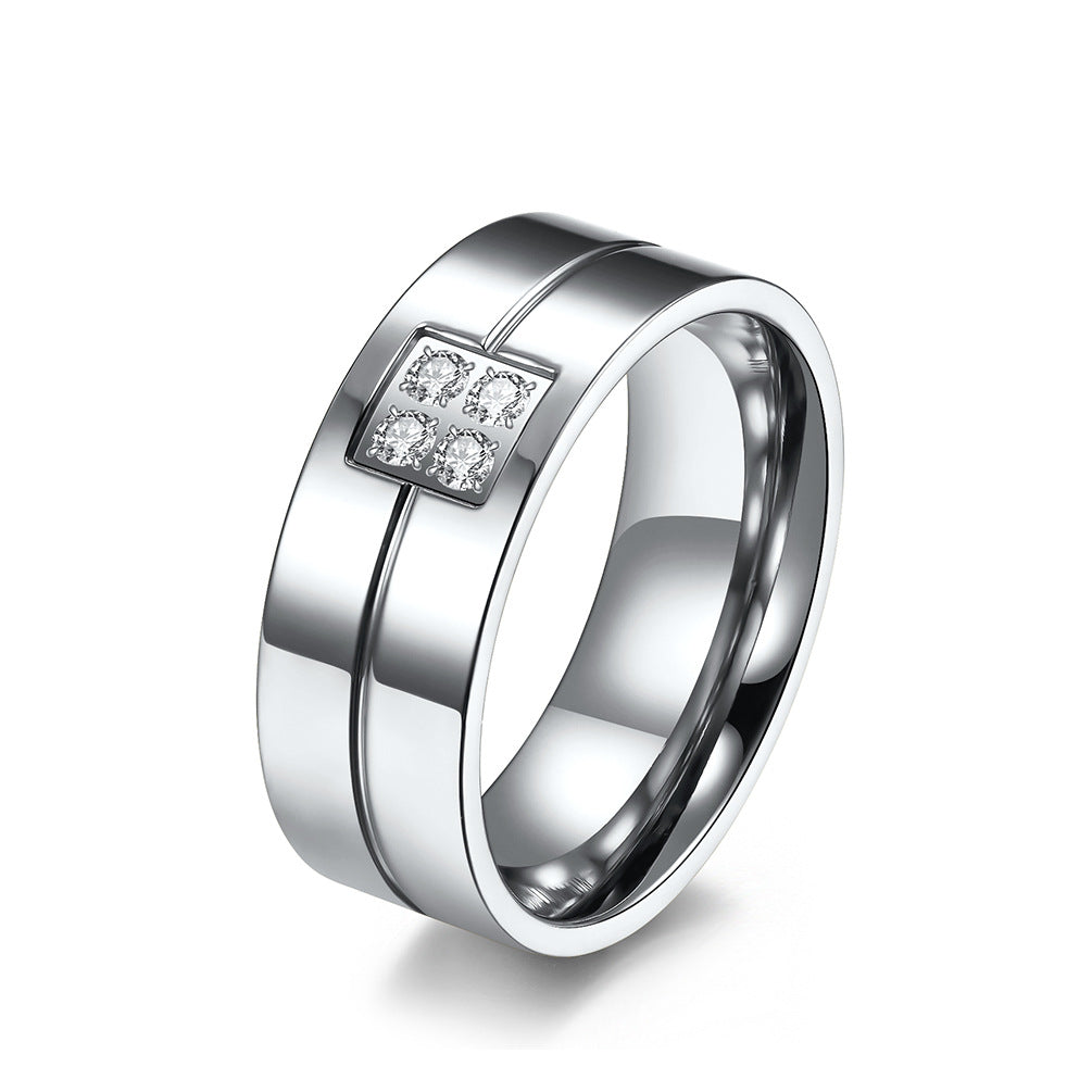Planderful Zircon Inlaid Titanium Steel Ring Unisex Gift For Couples Wedding Proposal