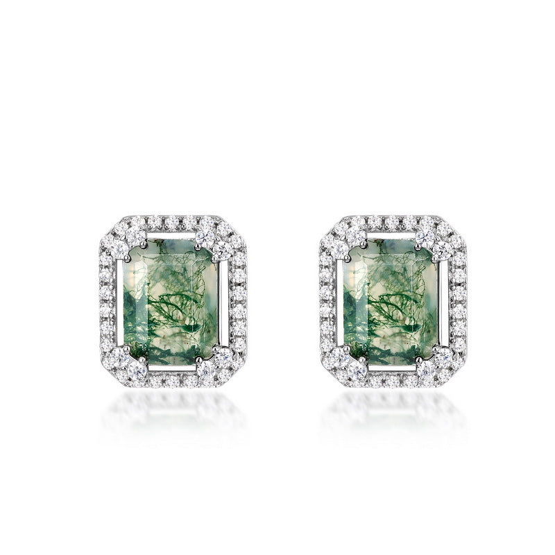 S925 Sterling Silver Moss Agate & Zircon Geometric Stud Earrings