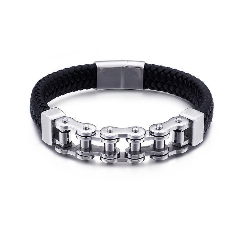 Locomotive Style Woven Leather Rope Men's Bracelet – Man Magnetic Buckle Bicycle Chain