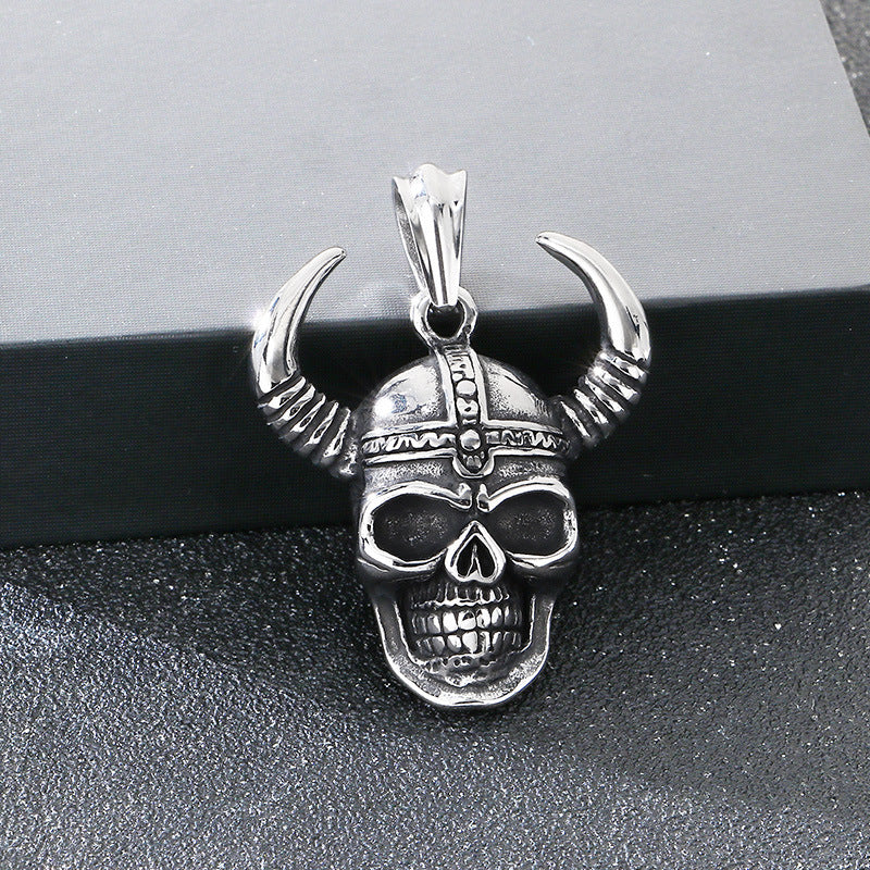 Enjoy The Punk Style Bull Head Pendant, Nordic Viking War Helmet Horn Skull Necklace
