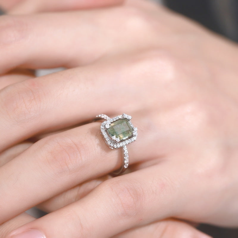 S925 Sterling Silver Gold-Plated Moss Agate Geometric Ring