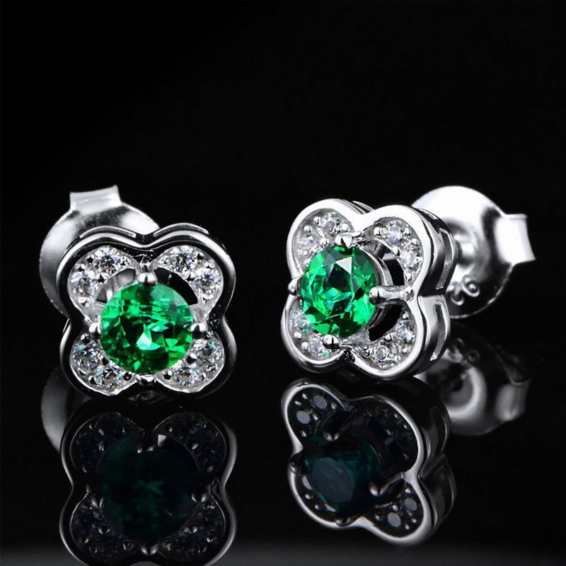 S925 Sterling Silver Lab-Grown Emerald Four-Leaf Clover Stud Earrings