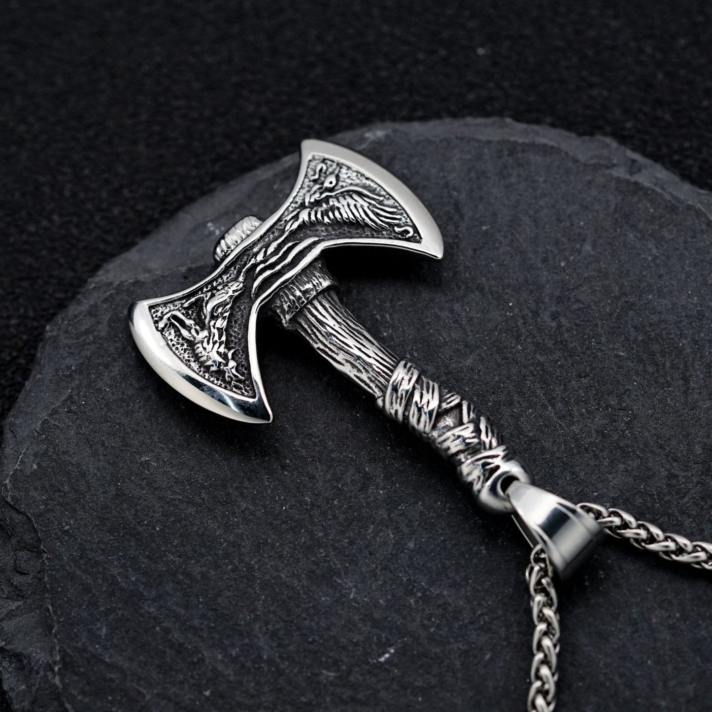 Steel Necklace - Vintage Viking Crow Head Double Axe Pendant