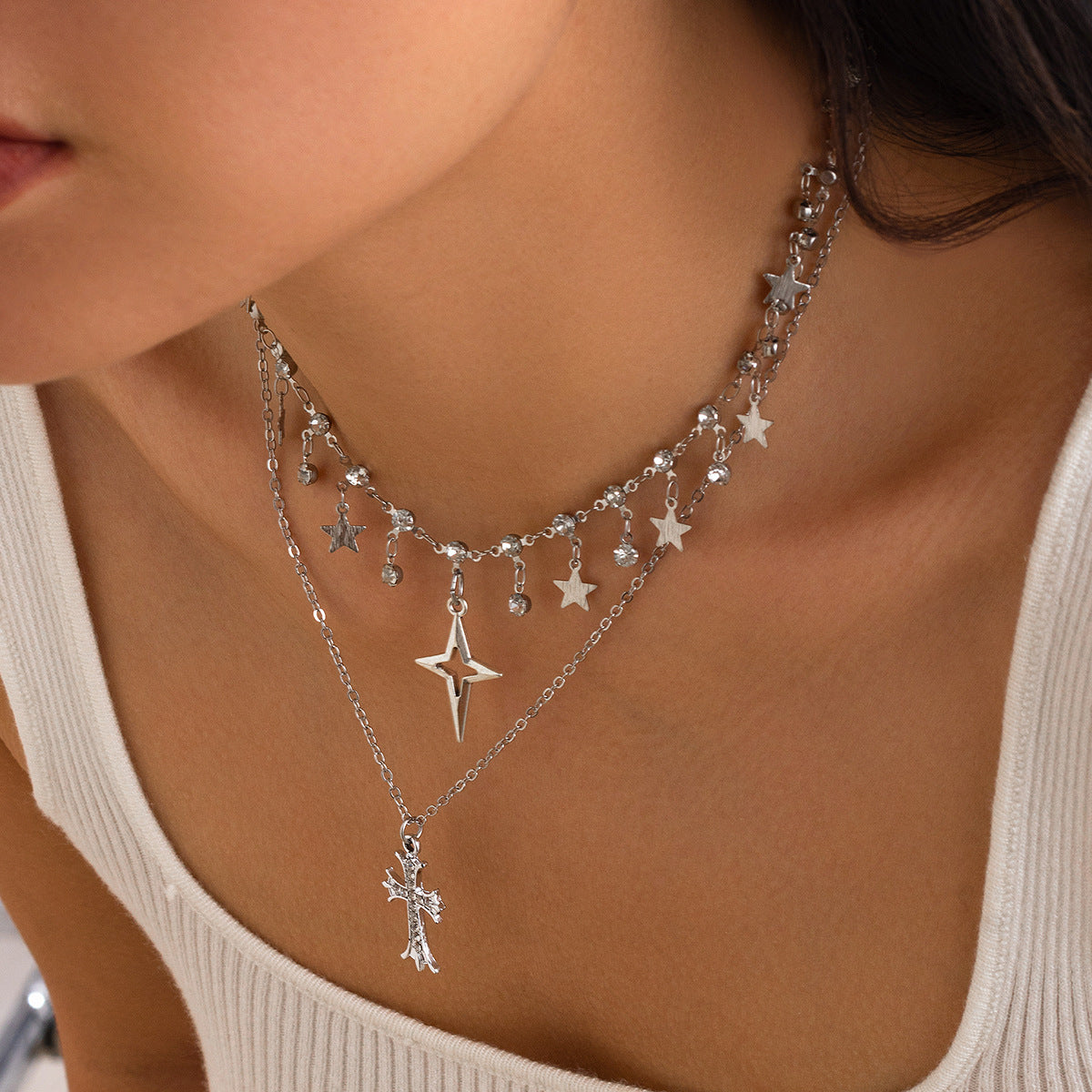 Gothic Cross & Star Rhinestone-Style Choker