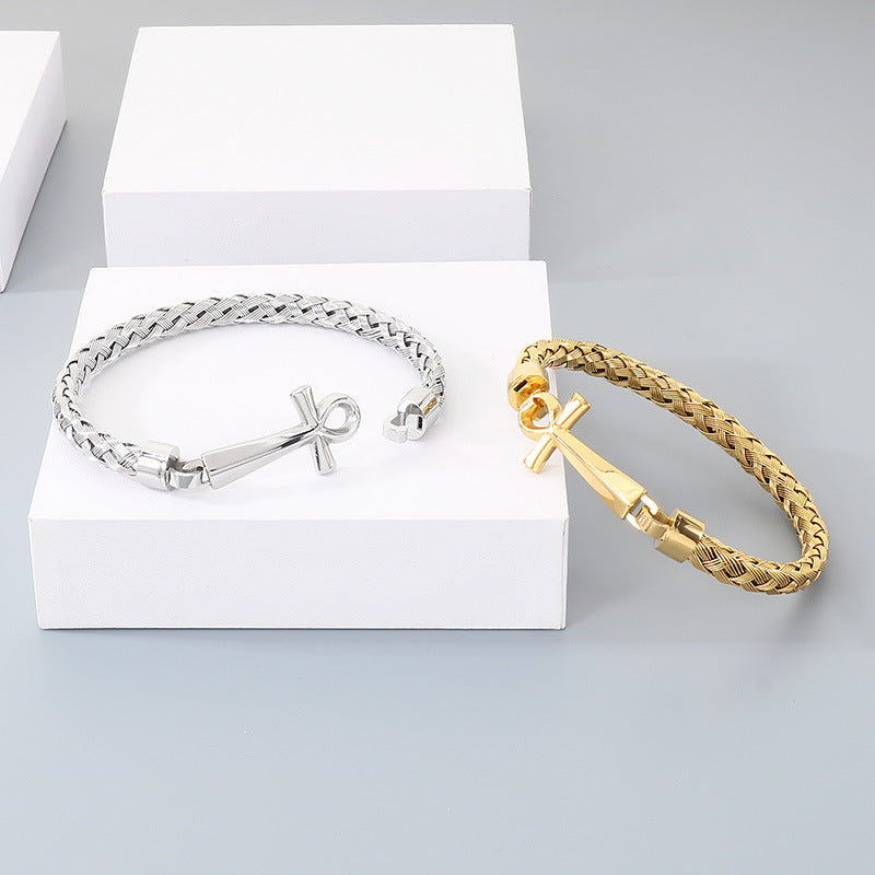 Stainless Steel Braided Wire Bracelet Ancient Egyptian Charm Of Life Anka Cross Men's