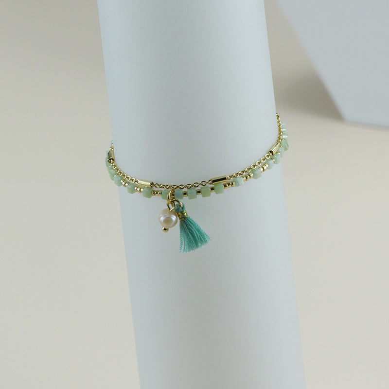 Stainless Steel Bead Double Bracelet 15CM Gold Girls Fashion