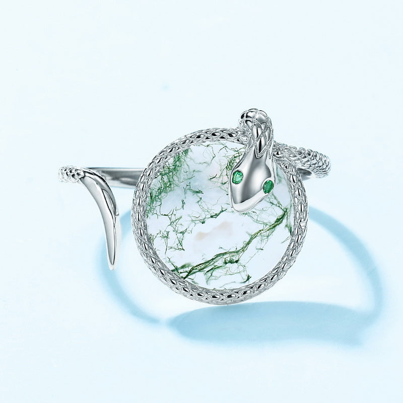 S925 Sterling Silver Moss Agate Snake Ring