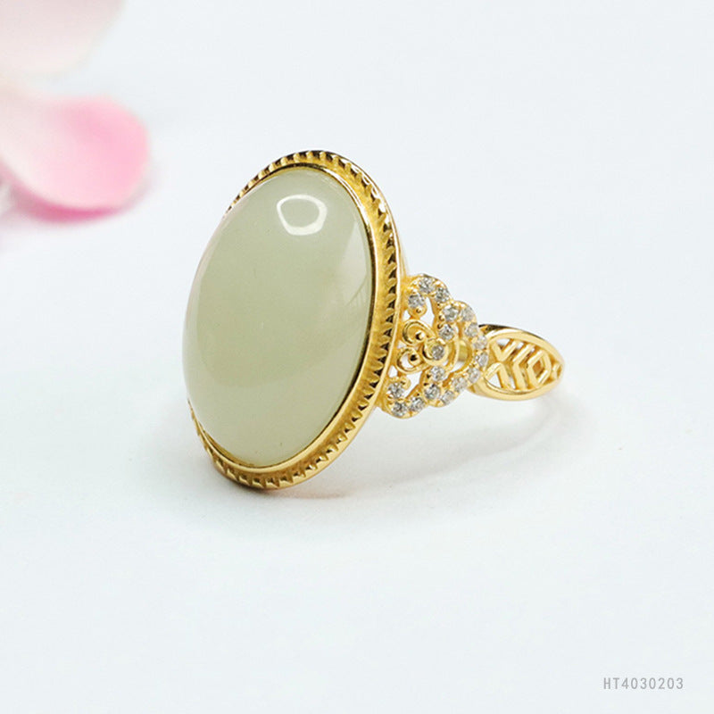 925 Sterling Silver Qingshui Hetian Jade Ruyi Ring