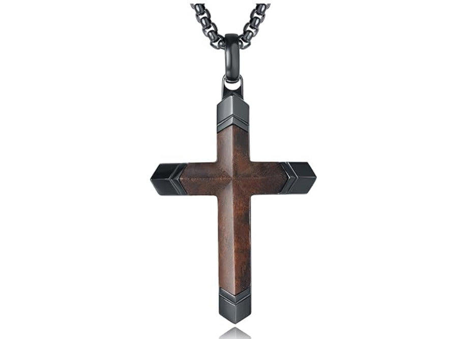 1. Planderful Cross Necklace For Men In Stainless Steel With Solid Wood Inlay And Safflower Detail
