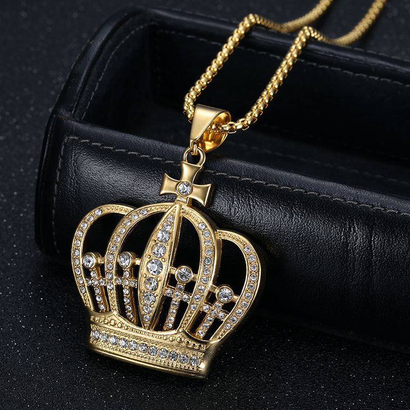 Planderful Crown Pendant Necklace Titanium Steel Gold Plated Zircon For Hip Hop Fans