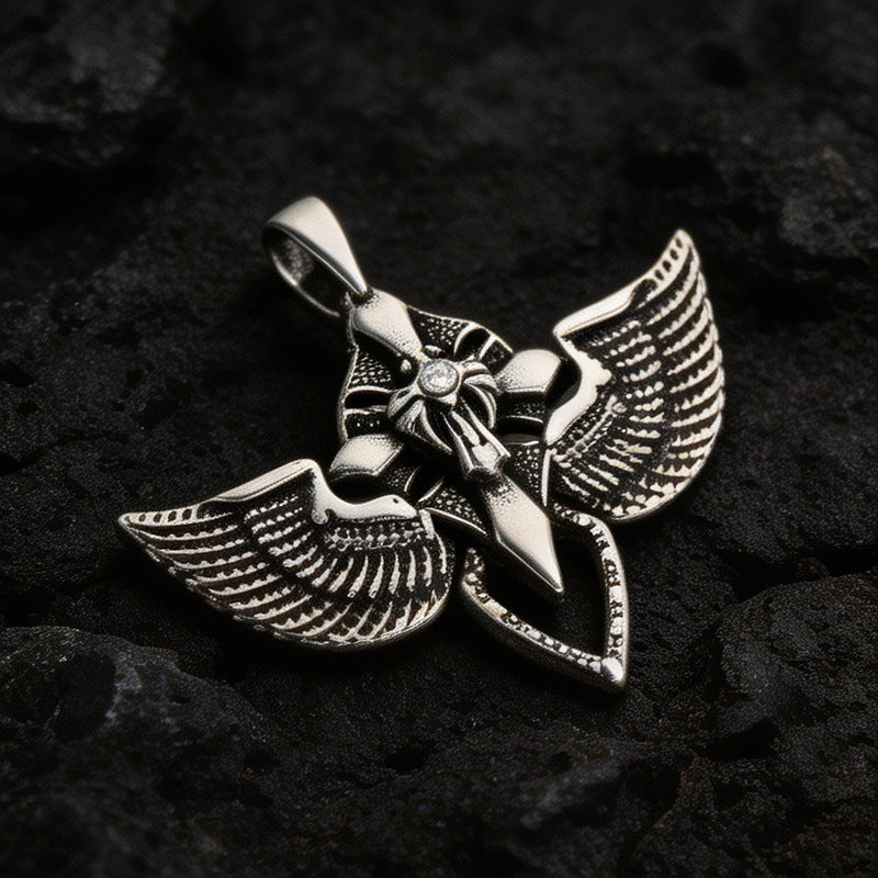 Fallen Angel Pendant Punk Goth Skull Wings Cross Sword Wings Stainless Steel Men's Necklace