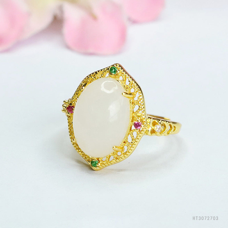 White Hetian Jade Cabochon Ring
