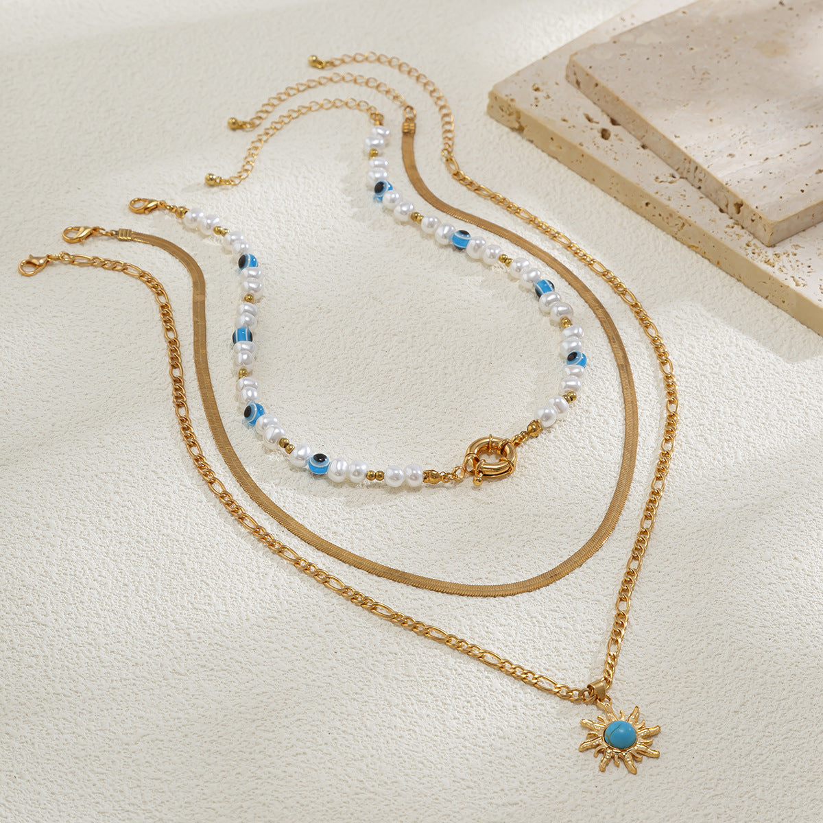 Court Retro Devil'S Eye Necklace Sun Pendant Irregular Pearl Multi-Layer Stacked Necklace