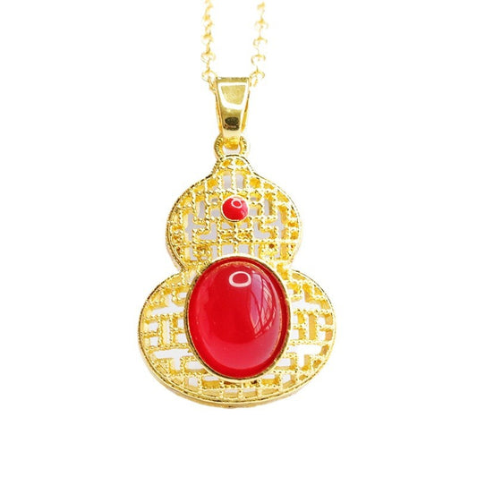 Natural Green Chalcedony Red Agate Hollow Gourd Golden Pendant Ethnic Style